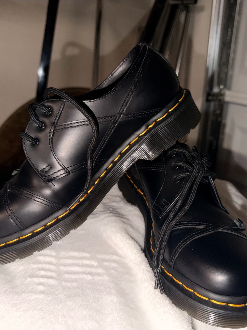 Dr. Martens Black Leather Lace-Up Oxfords with Yellow Stitching - Picture 3 of 8